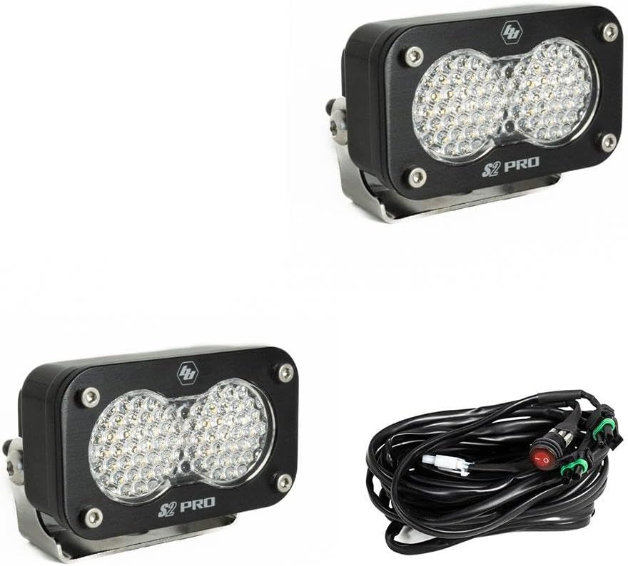 Baja Designs S2 Pro LED Auxiliary Light Pod Pair with Wiring Harness - Universal Off-Road Lights for Trucks, Wranglers, UTVs & 4x4s - Work/Scene Beam, Clear Lens