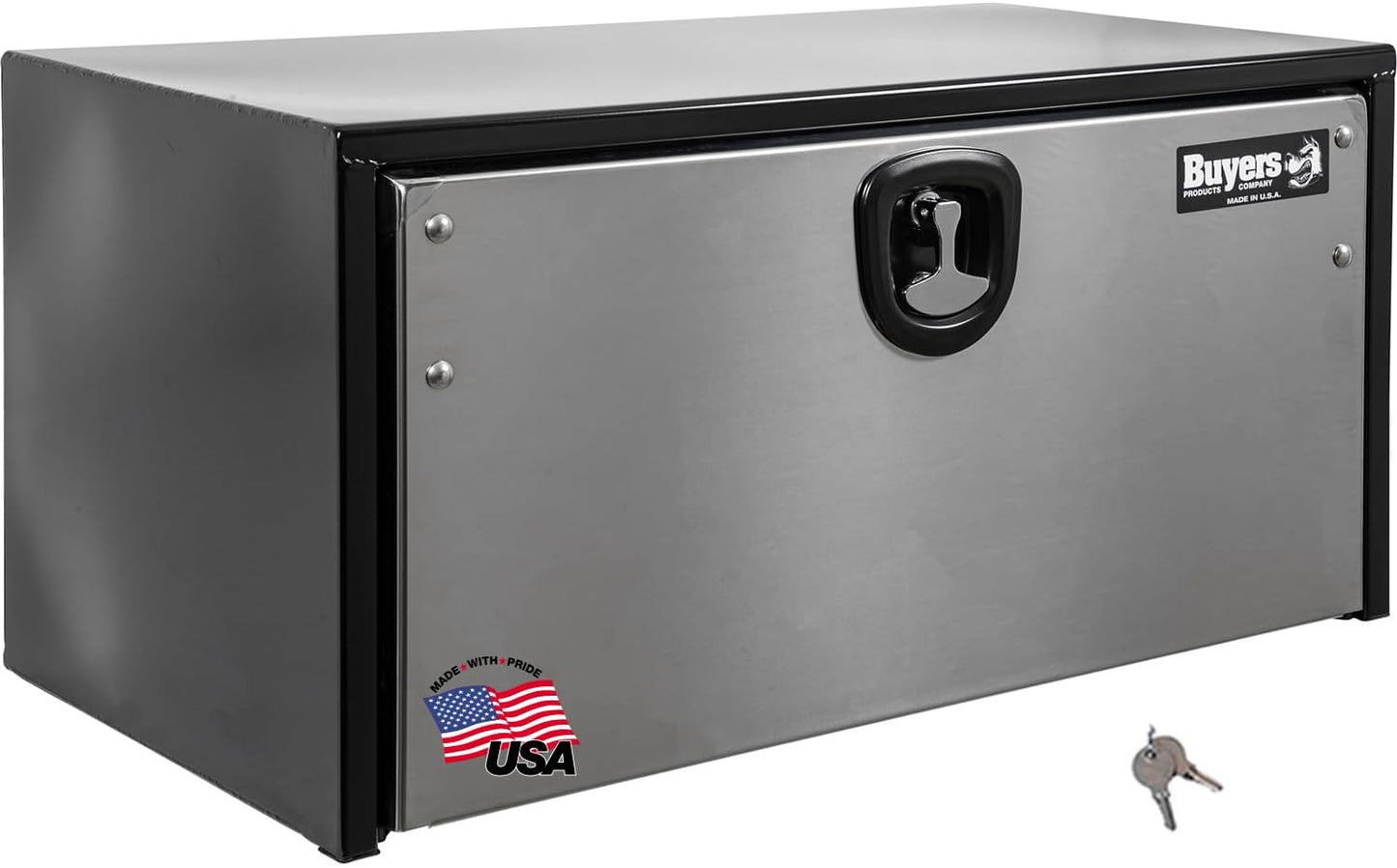 Buyers Products 1702703 Black Steel Underbody Truck Box With Silver Polished Stainless Steel Door, 18 x 18 x 30 Inch, Made In The USA, Truck Tool Box Organizer With Storage, Job Box For Work Truck