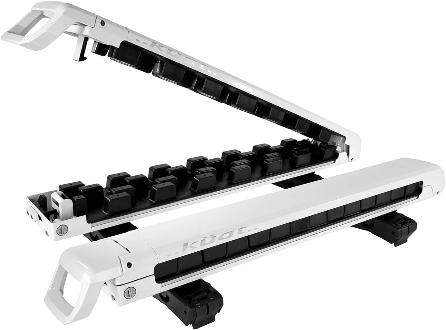 KUAT Grip 4 Durable Universal Car SUV Rooftop Crossbars Mounted Winter Sports Gear Hauling Transportation Slide-Out Locking Clamshell Rack, Fits 4 Skis/2 Snowboards - Pearl with Silver Anodize