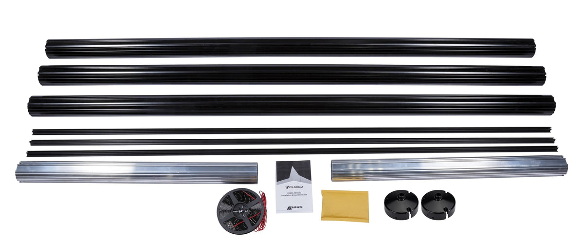 Velarium DIY Cut-to-Fit Roller Tube Assembly, 14' Cut-to-Fit Black Powder Coated Roller Tube, Black End Caps, Light Rail and LED Lighting (Range 14' - 6')