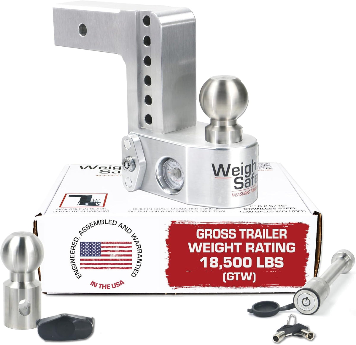 Weigh Safe Adjustable Trailer Hitch Ball Mount - 6" Drop Hitch for 2.5" Receiver w/ 2pc Keyed Alike Lock Set, Aluminum Trailer Hitch w/ Built in Weight Scale for Anti Sway, 18,500 lbs GTW