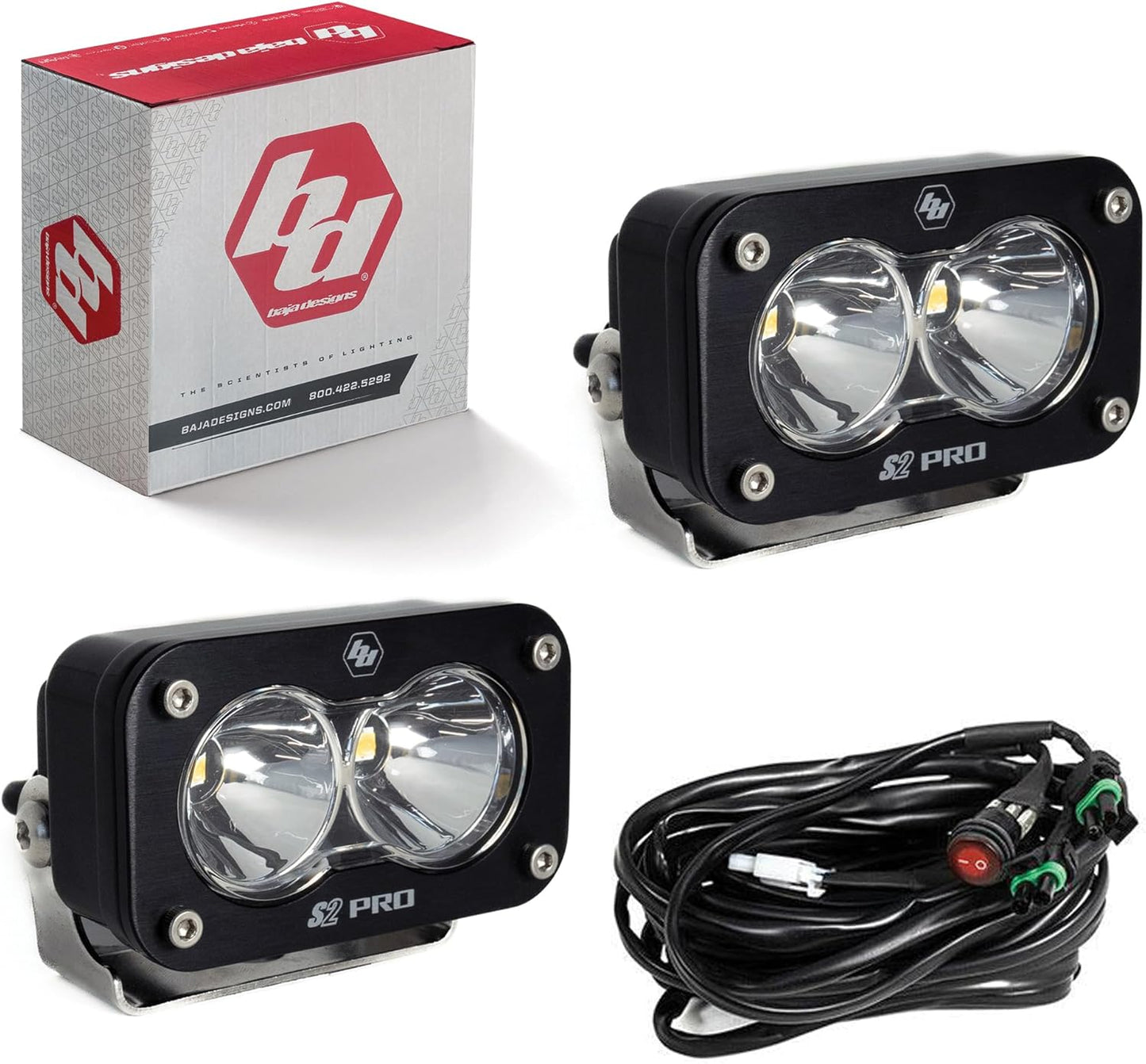Baja Designs S2 Pro Black LED Auxillary Light Pods Pair - 2 PCS LED with Wiring Harness (Spot; Clear)
