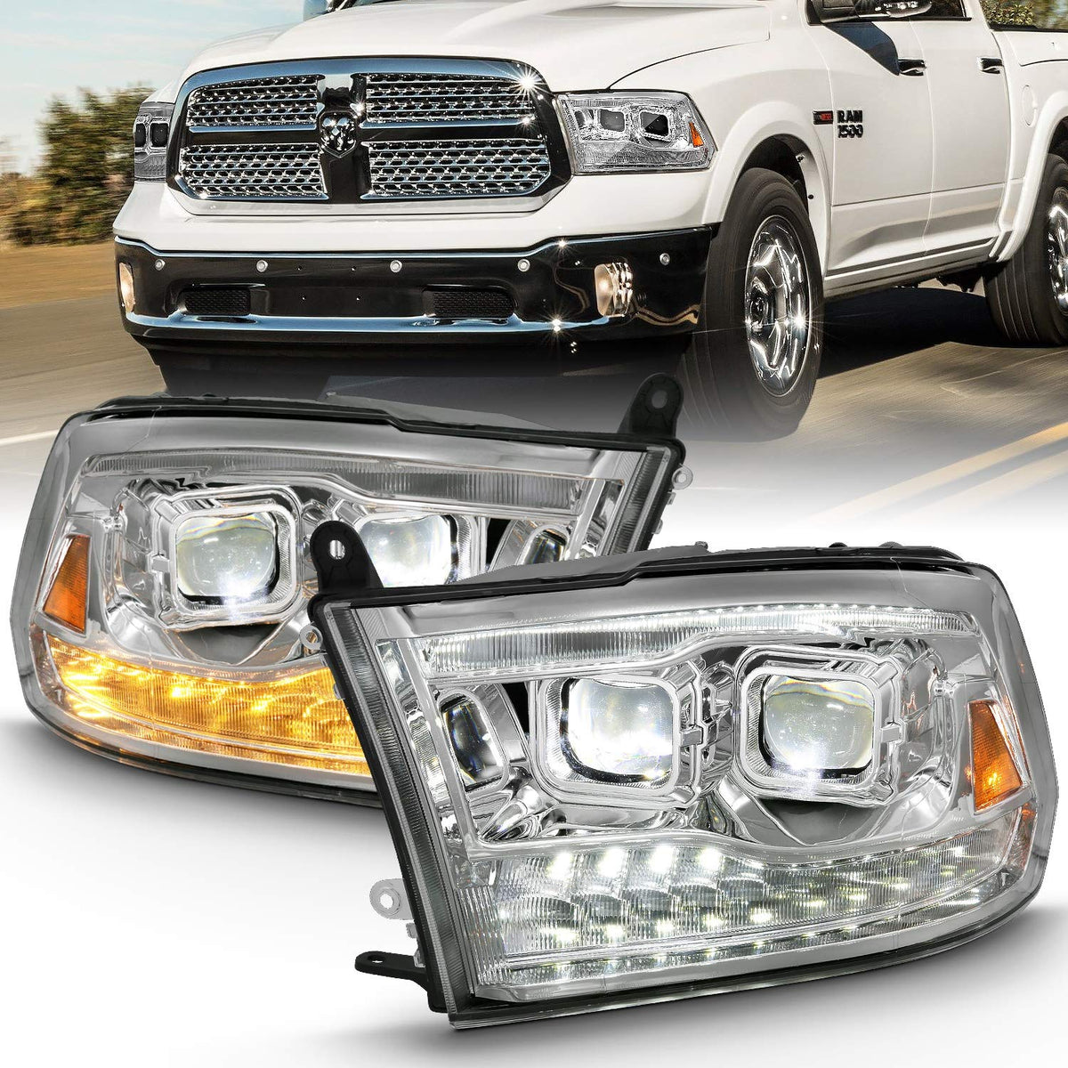 Anzo Usa 0918 Ram 1500/2500/3500/1923 Classic LED Projector Plank Style Switchback Hl Halo Chrome Amb - 111465