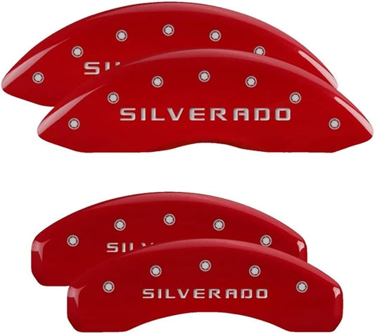 MGP Brake Caliper Covers Compatible with 2019-2025 Chevrolet Silverado, Tahoe, Suburban - Red Powder-Coated Finish, Engraved Silverado, Aluminun Front and Rear Caliper Covers (Set of 4)
