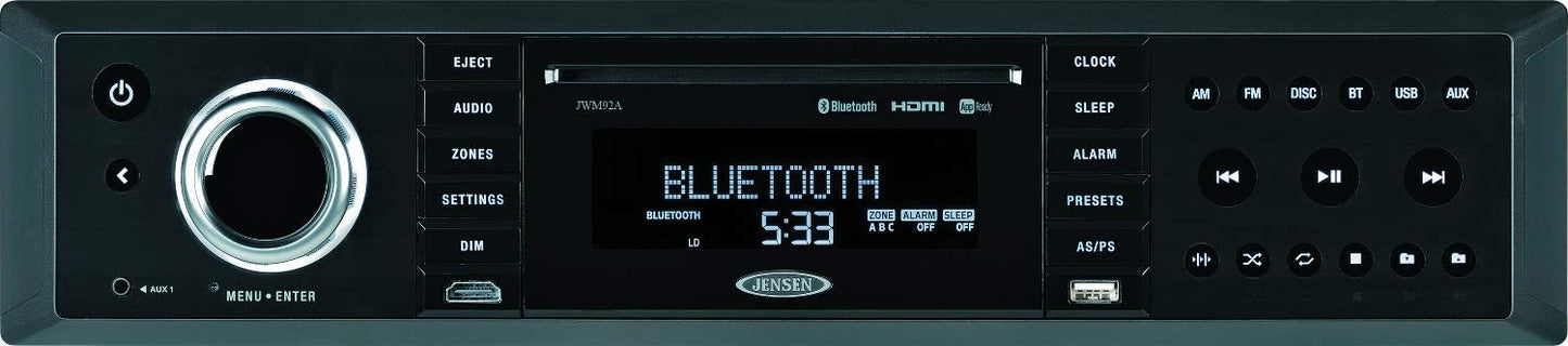 Jensen JWM92A 3-Speaker Zones Slimline Theater-Style DVD|USB|AUX|HDMI|App Ready Bluetooth Wallmount Stereo, Speaker Output 20X 8 Watt, Plays: CD/CD-R/CD-RW/DVD/DVD+R/DVD+RW/DVD-R/DVD-RW/MP3/WMA/JPEG