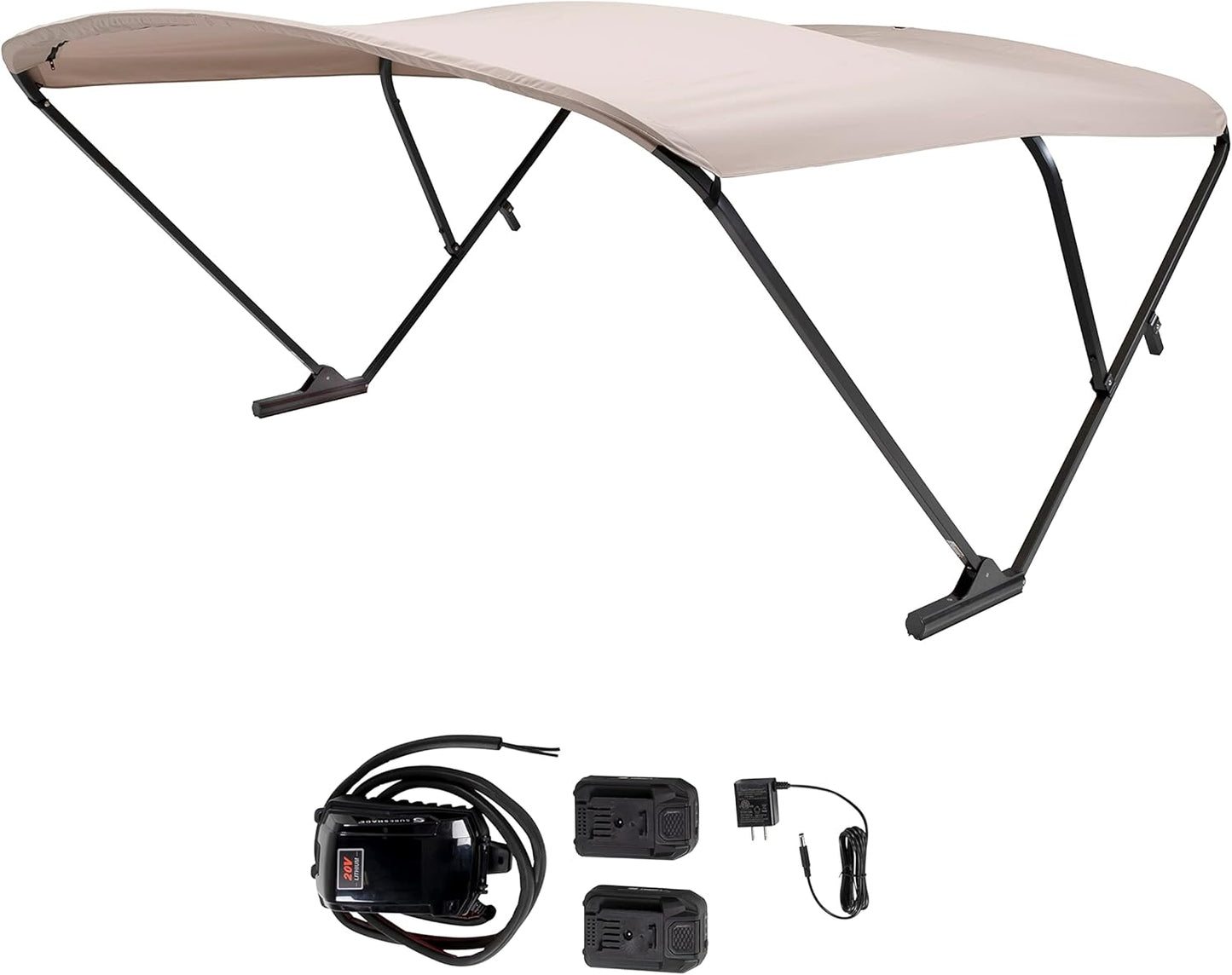 Power Bimini Electric Shade System for Pontoon Boats, 92-102" Wide, 20V Rechargeable Battery Powered or 12V Hardwired, 10' Fade-Resistant Fabric, Anodized Frame