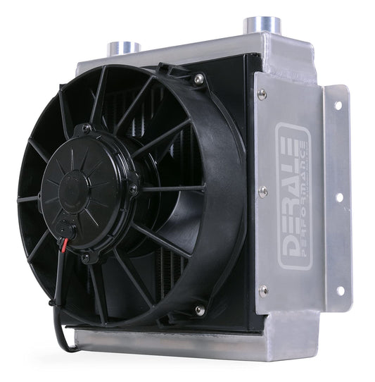 DERALE Fluid Cooler and Fan, 12-3/8 x 11-7/8 x 8-1/2 in, Tube Type, 7/8-14 in Female O-Ring Inlet Fitting, 7/8-14 in Female O-Ring Outlet Fitting, Universal, Each (65861),Black