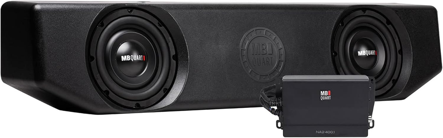 MB Quart Jeep Gladiator Compatible Tuned Dual 8 Inch Subwoofer System with Enclosure, Wiring, and 400 Watt Amplifier, MBQJT-SUBA-1