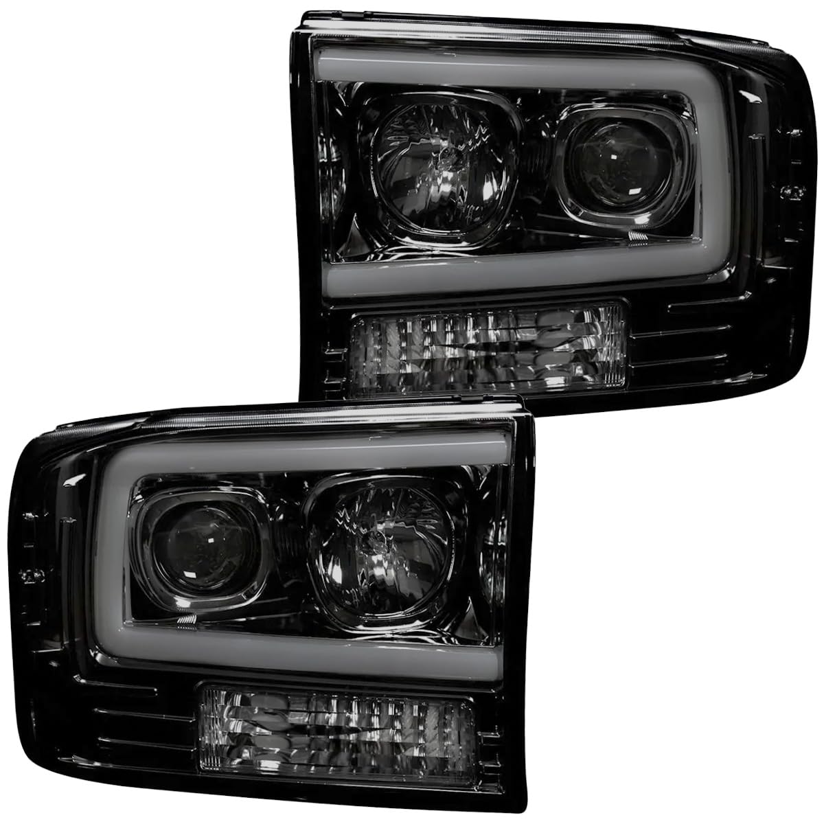 RECON - Fits 1999-2004 Super Duty (F250 F350 F450 F550) Projector Headlights OLED Halos DRL - Smoked Lens (264192BKC)