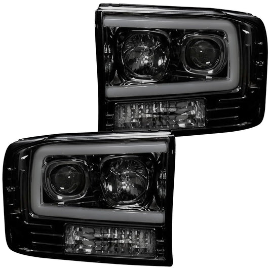 RECON - Fits 1999-2004 Super Duty (F250 F350 F450 F550) Projector Headlights OLED Halos DRL - Smoked Lens (264192BKC)