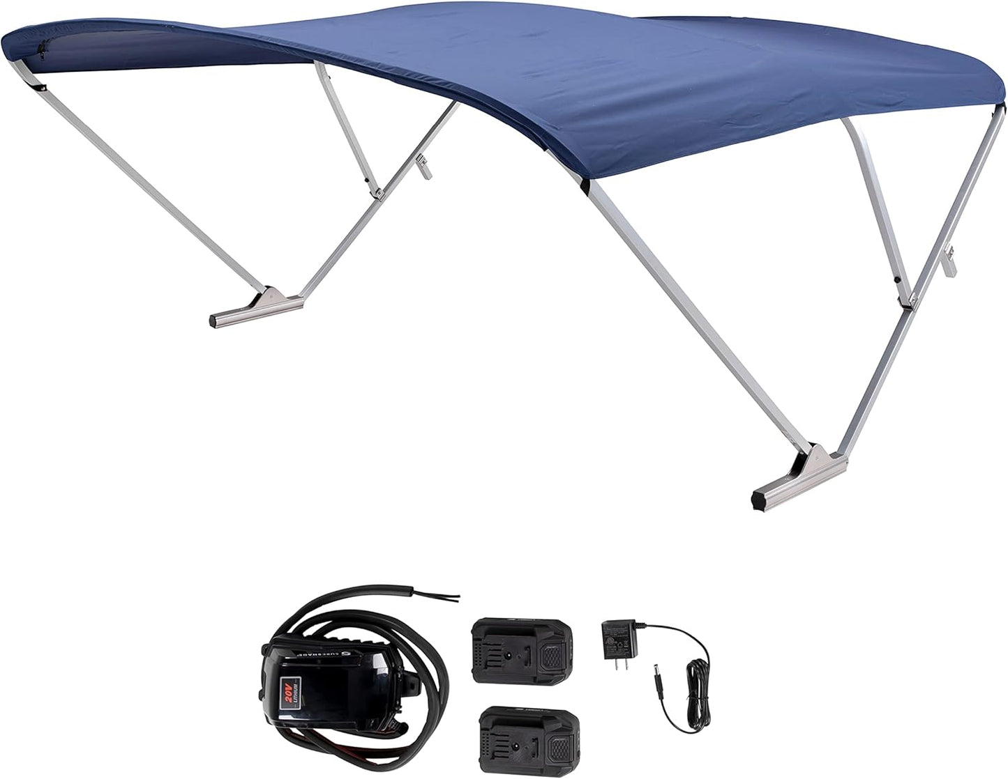 Power Bimini Electric Shade System for Pontoon Boats, 92-102" Wide, 20V Rechargeable Battery Powered or 12V Hardwired, 10' Fade-Resistant Fabric, Anodized Frame