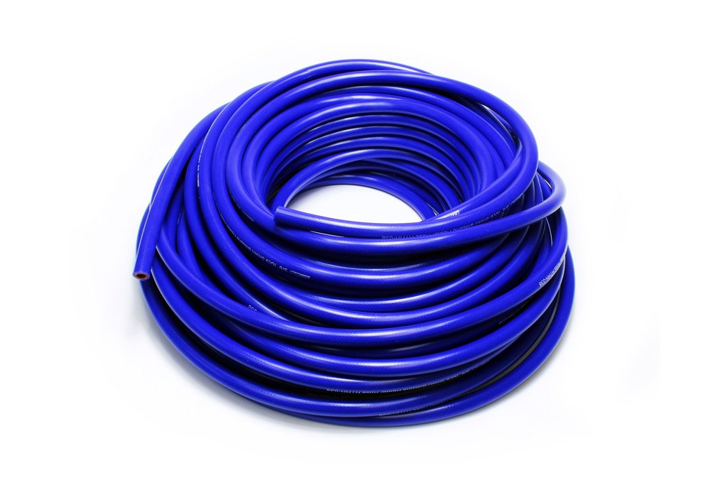 HPS 5/16" ID blue high temp reinforced silicone heater hose 100 feet roll, Max Working Pressure 85 psi, Max Temperature Rating: 350F, Bend Radius: 1-1/4"
