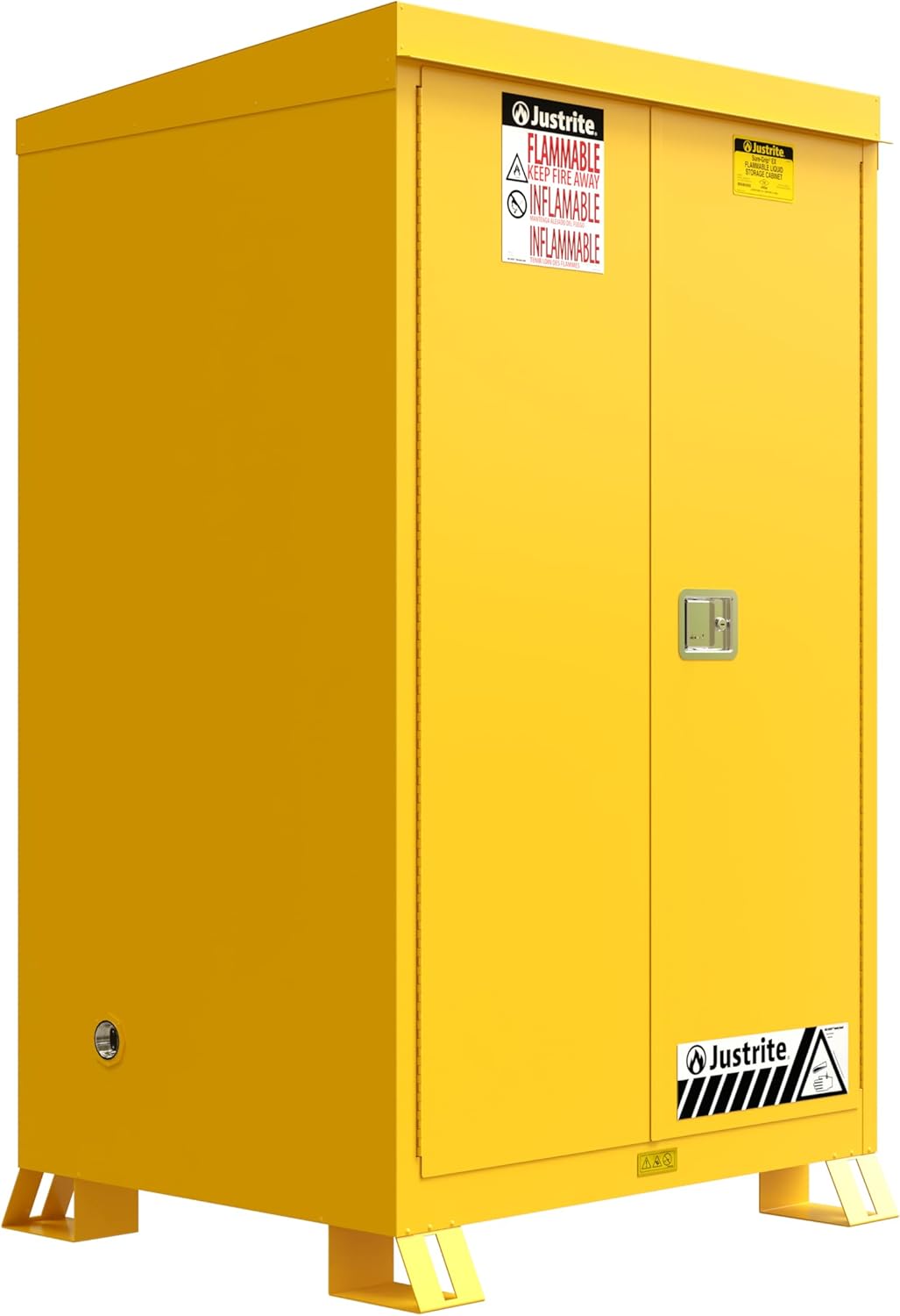 Justrite Reinforced Steel Outdoor Flammable Liquid Storage Cabinet, 2 Shelves with 350 lb. Capacity, 2 Manual-Close Door Fire Cabinet, 90 Gallon, 72" x 43" x 38", Yellow, 819000