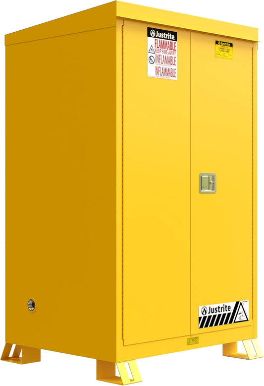 Justrite Reinforced Steel Outdoor Flammable Liquid Storage Cabinet, 2 Shelves with 350 lb. Capacity, 2 Manual-Close Door Fire Cabinet, 90 Gallon, 72" x 43" x 38", Yellow, 819000
