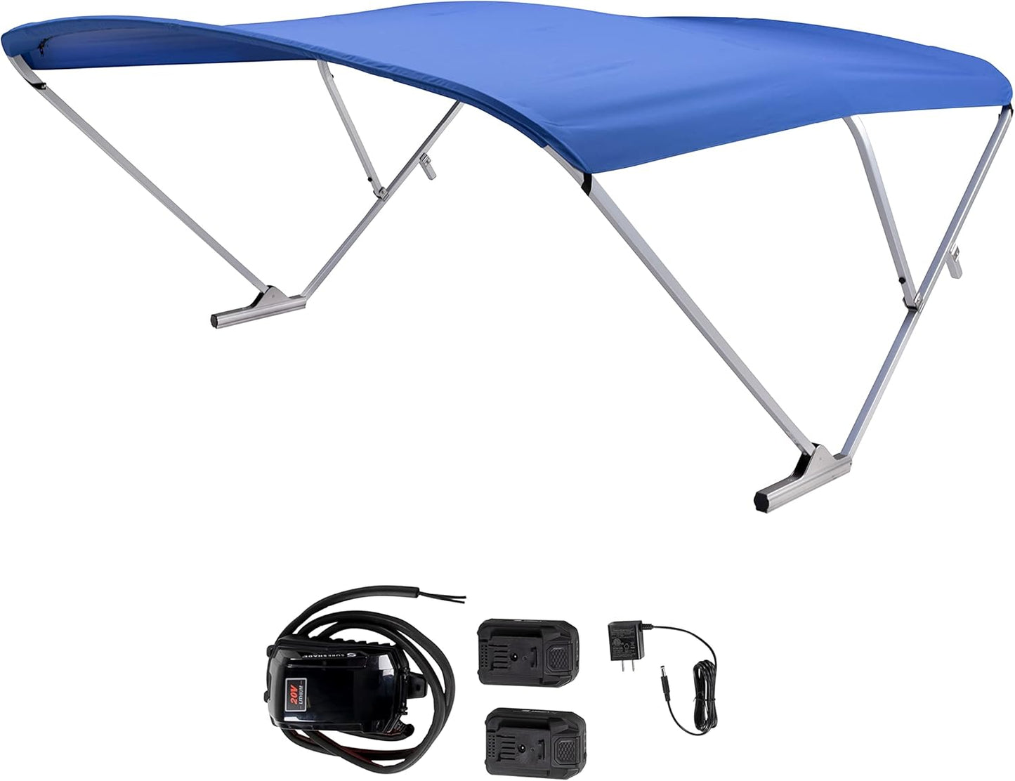 Power Bimini Electric Shade System for Pontoon Boats, 92-102" Wide, 20V Rechargeable Battery Powered or 12V Hardwired, 10' Fade-Resistant Fabric, Anodized Frame
