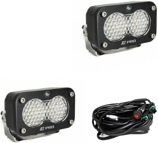 Baja Designs S2 Pro LED Auxiliary Light Pod Pair with Wiring Harness - Universal Off-Road Lights for Trucks, Wranglers, UTVs & 4x4s - Work/Scene Beam, Clear Lens