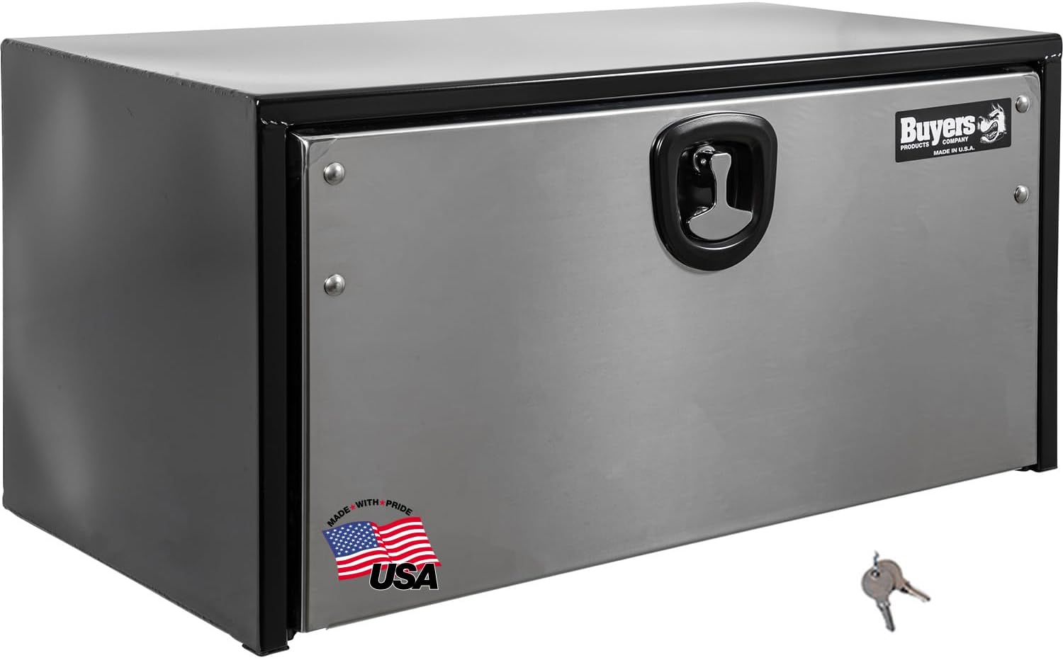 Buyers Products 1702703 Black Steel Underbody Truck Box With Silver Polished Stainless Steel Door, 18 x 18 x 30 Inch, Made In The USA, Truck Tool Box Organizer With Storage, Job Box For Work Truck