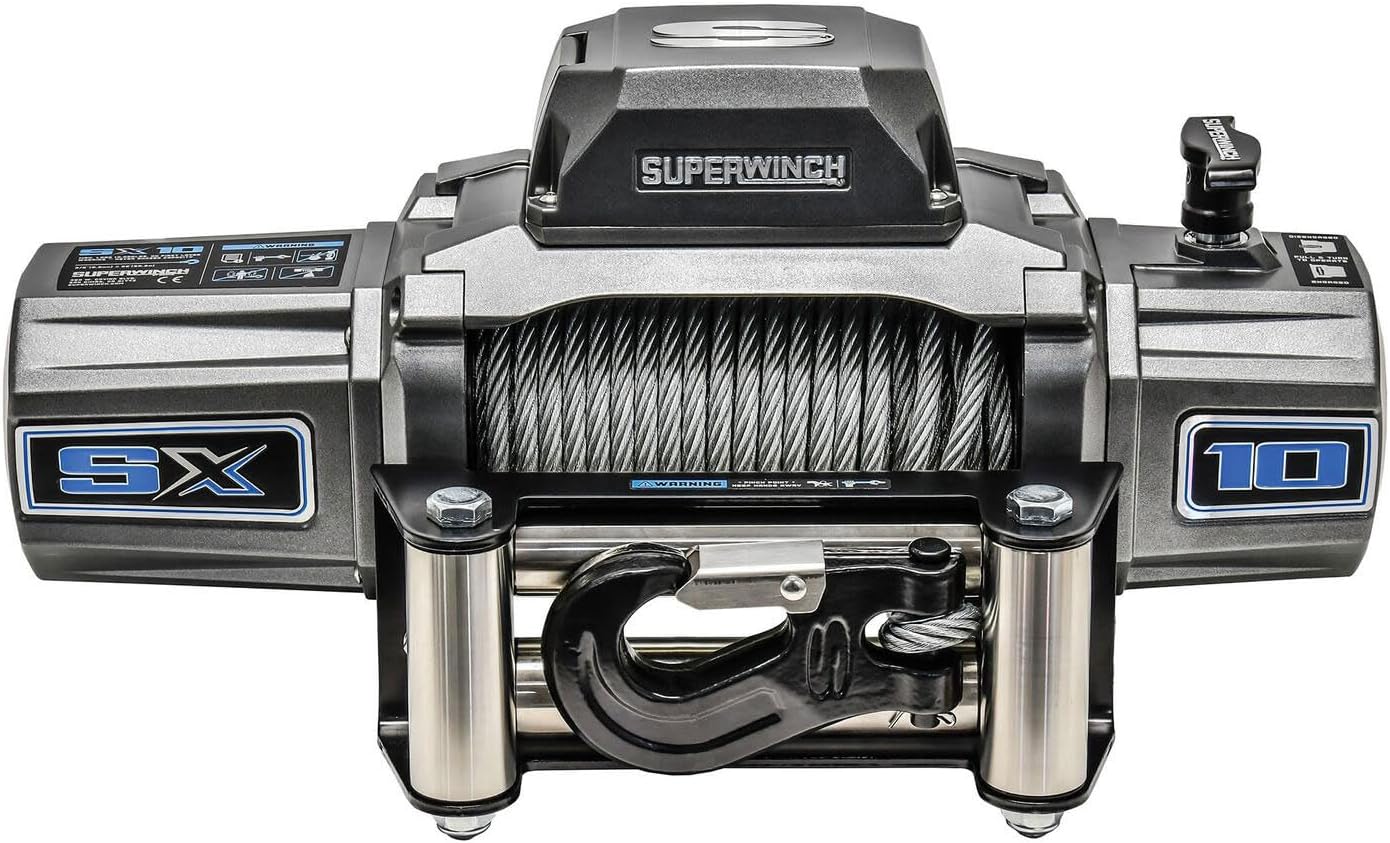 Superwinch 1710200 SX10 12V DC Electric Waterproof Recovery Winch 10,000lb/4,536kg Single Line Pull with Roller Fairlead 3/8in x 80ft Steel Wire Rope Corded Handheld Remote No-Bind Clutch