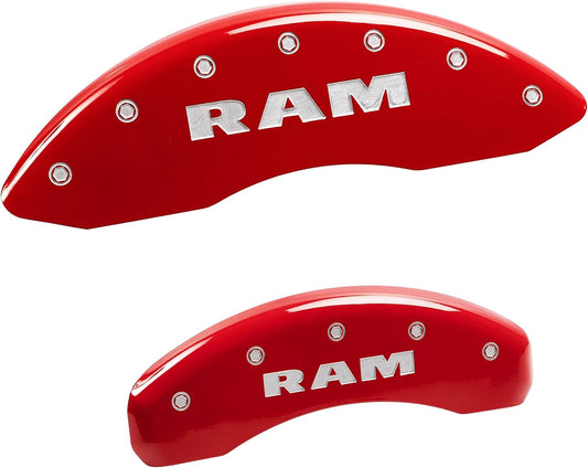 MGP Caliper Covers Compatible with 2011-2018 RAM 1500, 2019-2024 1500 Classic, 2013-23' 1500 Eco Diesel (Fits 18"+ Wheels) Powder-Coated Finish, 4 PCS Front and Rear (Red - RAM Engraving)