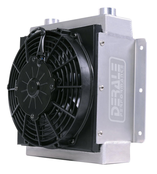 Derale Fluid Cooler and Fan, 12-3/8 x 11-7/8 x 8-1/2 in, Tube Type, 7/8-14 in Female O-Ring Inlet Fitting, 7/8-14 in Female O-Ring Outlet Fitting, Universal, Each