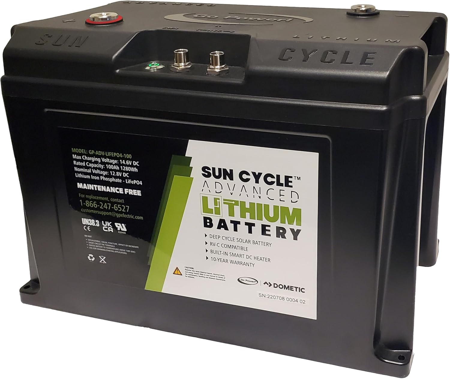 Go Power GP-ADV-LIFEPO4-100 SunCycle Advanced 12V 100Ah Lithium Battery - LiFePO4 Battery 12V with Advanced BMS & Smart DC Heater, for RV, Marine & Off-Grid Systems