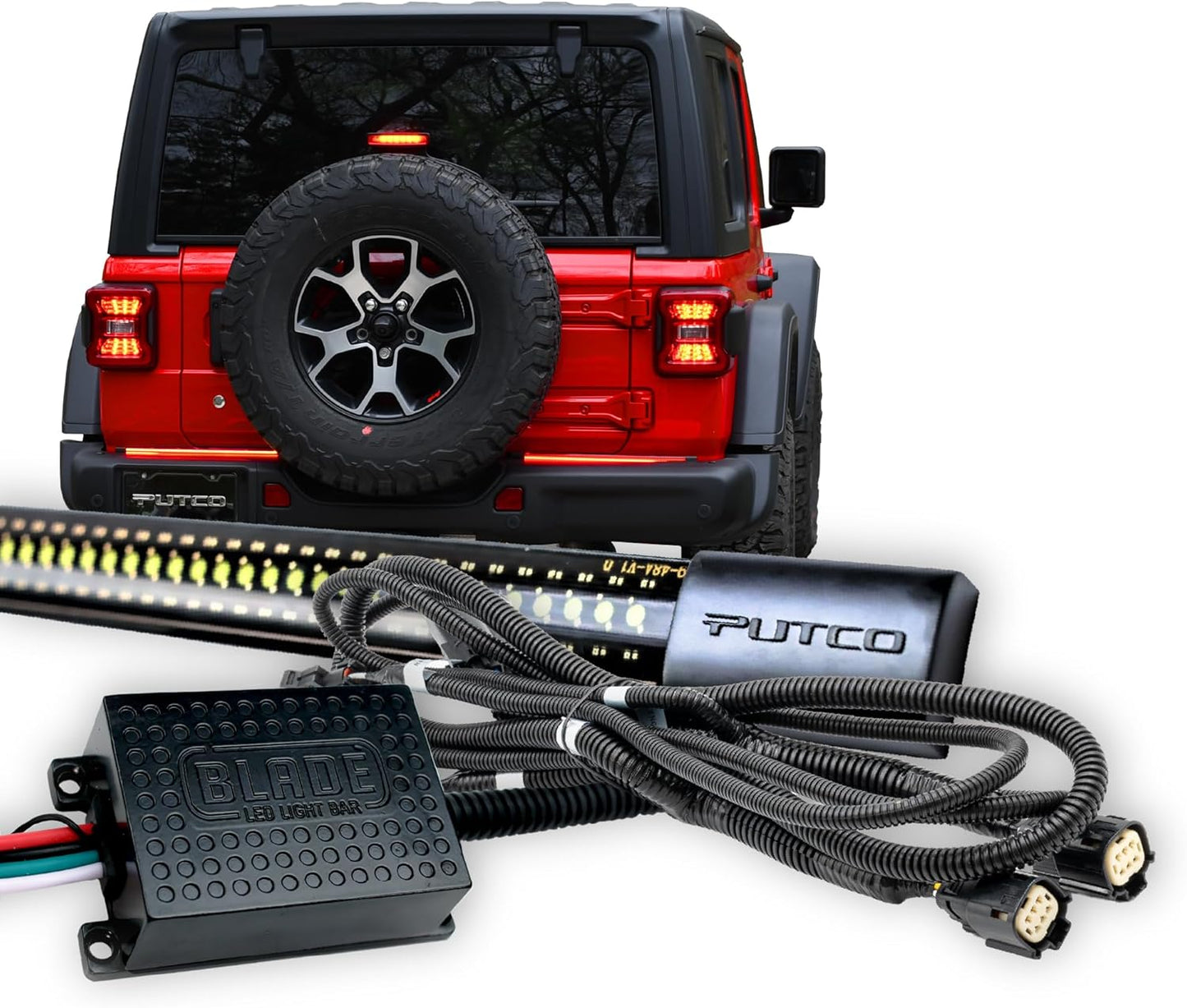 Putco 18" Pair Blade LED Tailgate Light Bar Red/White LEDs & Plug-N-Play Quick Connect Harness - Fits Jeep Wrangler 2007-2027 / Ram Truck 2019-2024