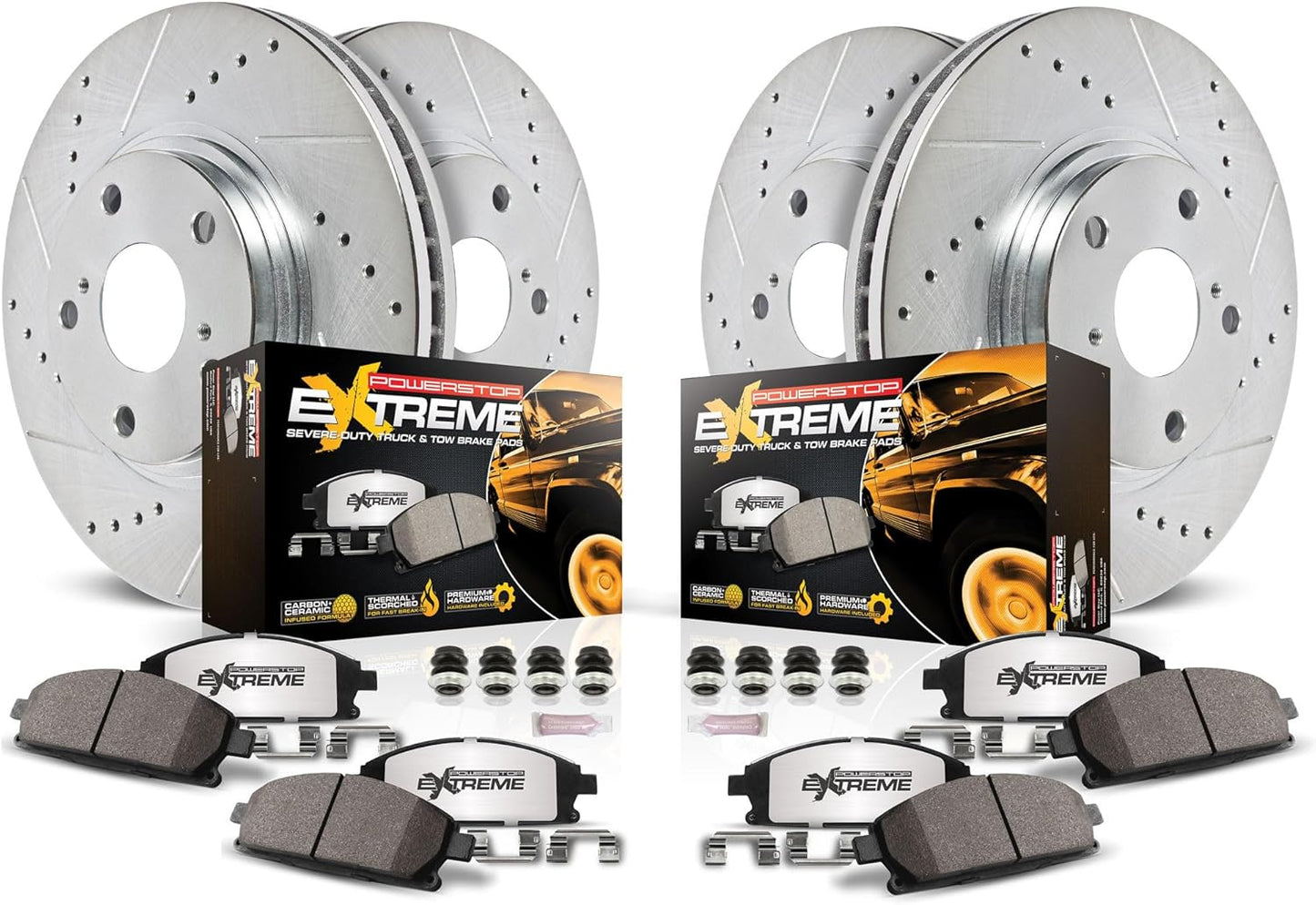 PowerStop Front & Rear Brake Kit For Chevrolet Silverado 1500 2007-13 |GMC Sierra 1500 2007-13 - Truck & Tow Carbon Fiber Ceramic Brake Pads + Drilled & Slotted Rotors Upgrade, K2070-36