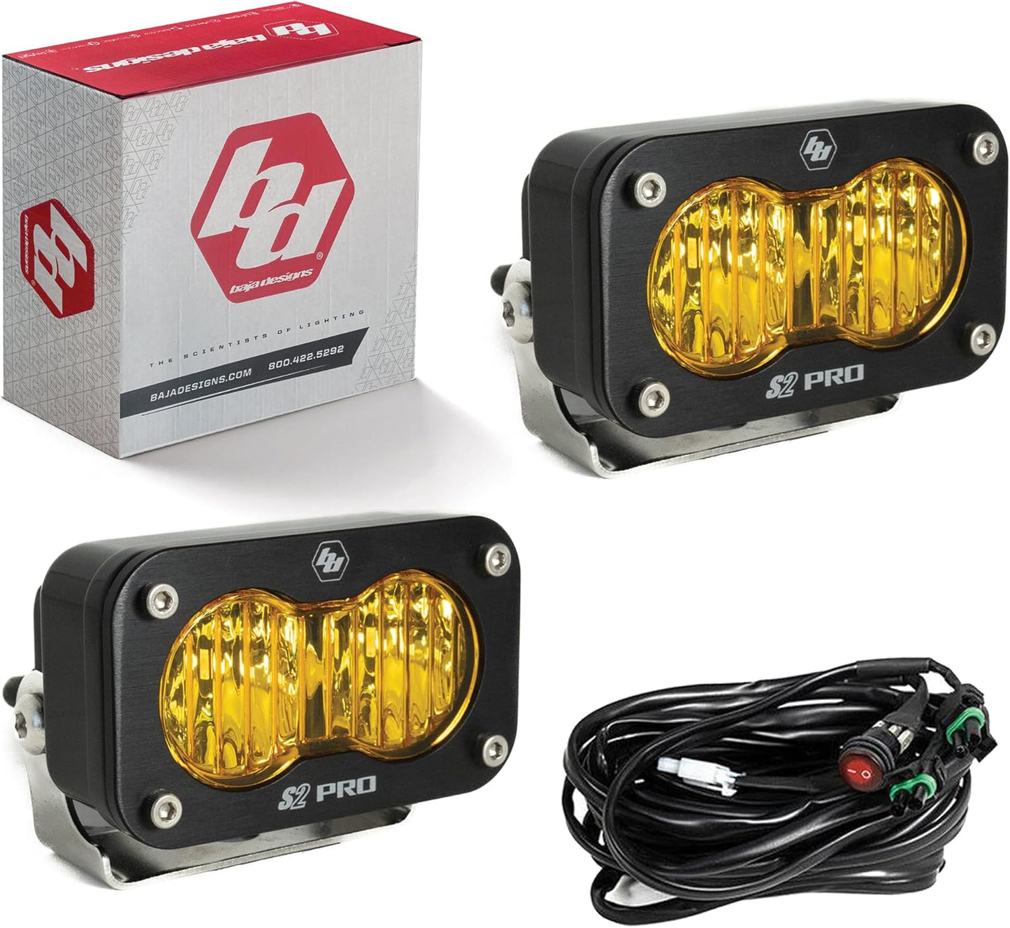 Baja Designs S2 Pro Black LED Auxillary Light Pods Pair - 2 PCS LED with Wiring Harness (Wide Cornering; Amber)