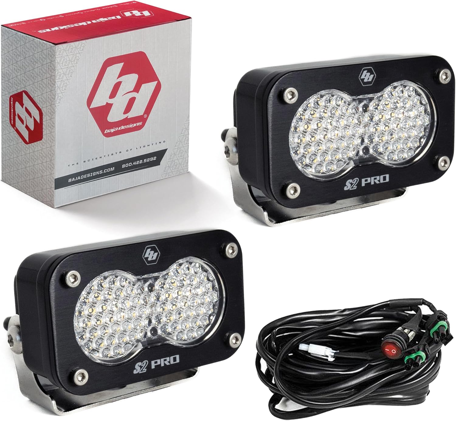 Baja Designs S2 Pro Black LED Auxillary Light Pods Pair - 2 PCS LED with Wiring Harness (Work/Scene; Clear)